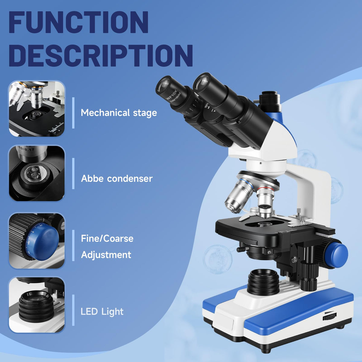Lab Compound Trinocular Microscopes 40X-2500X Magnification with10 inch LCD,6MP Electronic Eyepiece, 0.5X CTV High Definition Adapter,Two-Layer Mechanical Stage,10X 25X Eyepiece