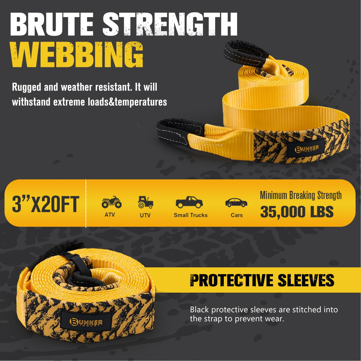 BUNKER INDUST Off-Road Traction Boards (Black) + 3" x 20ft Tree Saver Winch Strap 35,000 lbs Recovery Straps