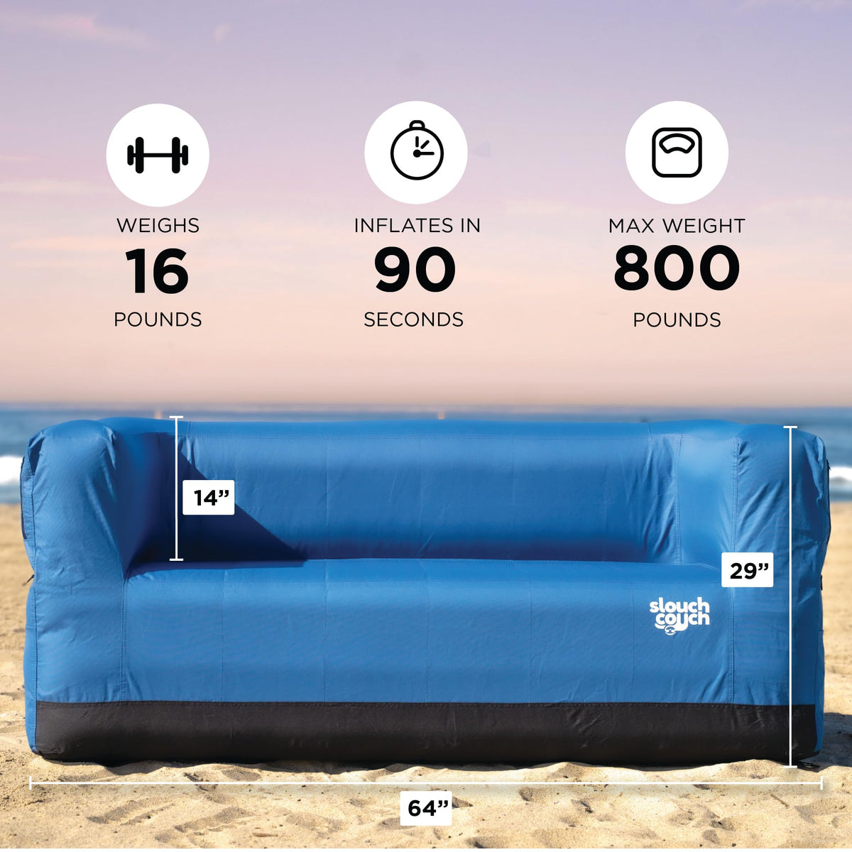 Slouch Couch | Air Sofa with Built-in Pump, Hidden Cup Holders, Storage Pockets | Durable Blow Up Couch with High-Performance Fabric for Camping, Beach, Home & Outdoors (Daydream)