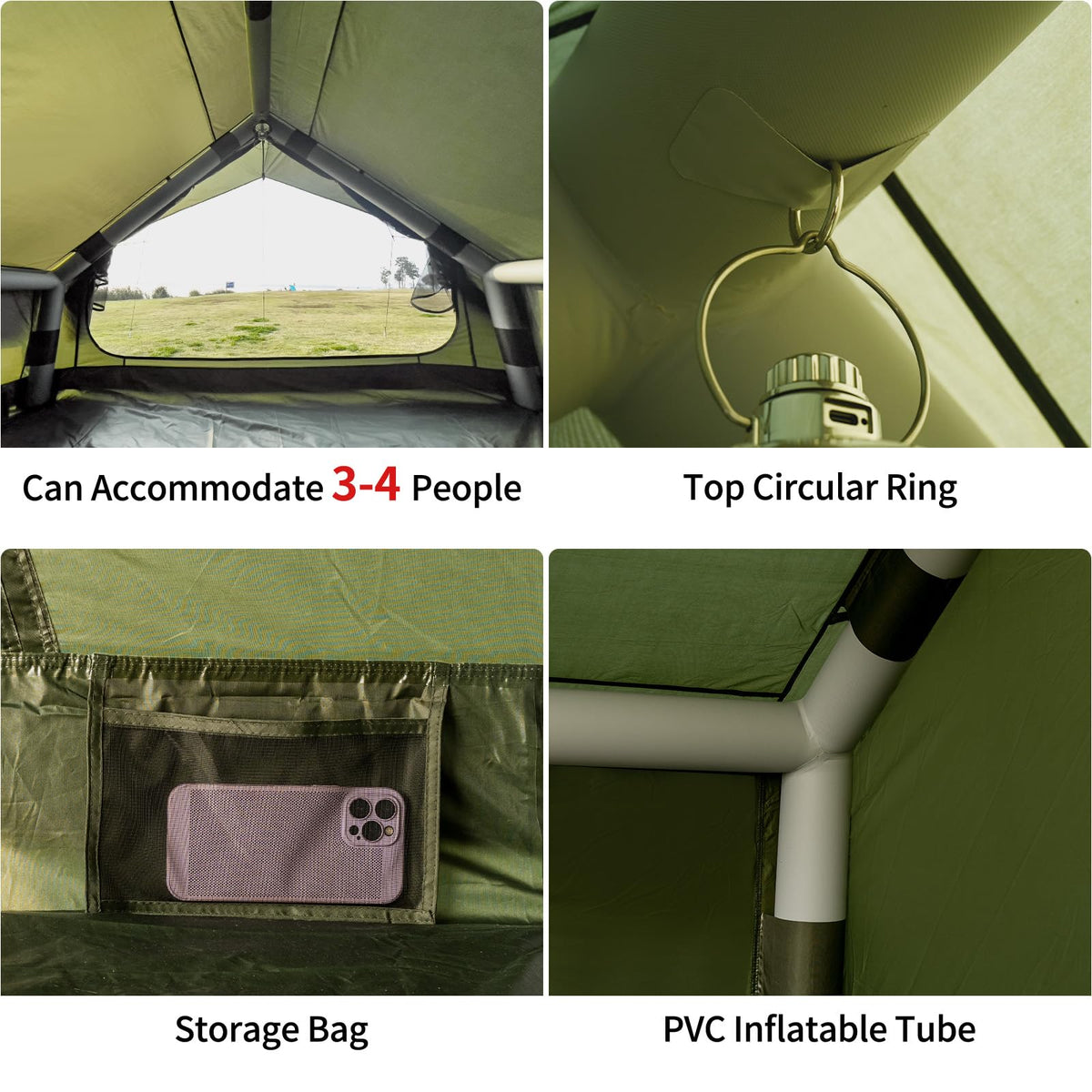 WaldZimmer Inflatable Camping Tent with Hand Pump Waterproof Outdoor Blow up Tent Oxford 4 Season Air Tent Cabin House with Mesh Windows & Door 12sq/6sq Green (9.74ft*6.46ft*6.56ft (3-4 Person))