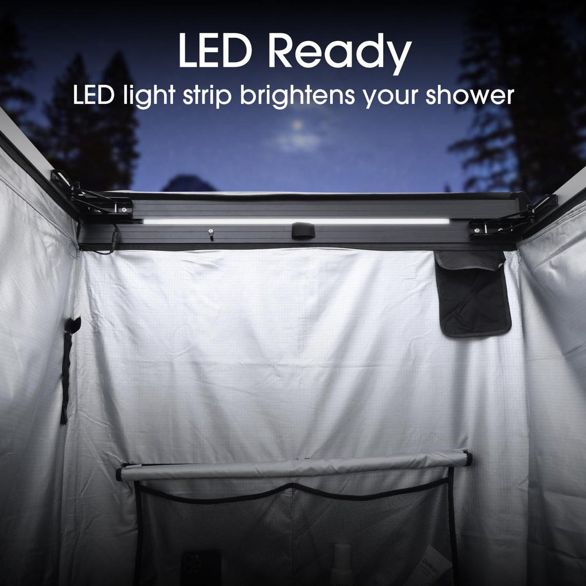 Peakamper Awning Shower Tent with Swing Arm Privacy Roof, Vehicle Side Shower Room LED Light, 3ft x 3ft Camping Privacy Shelter Restroom Bathroom, UV-Resistant Waterproof Storage