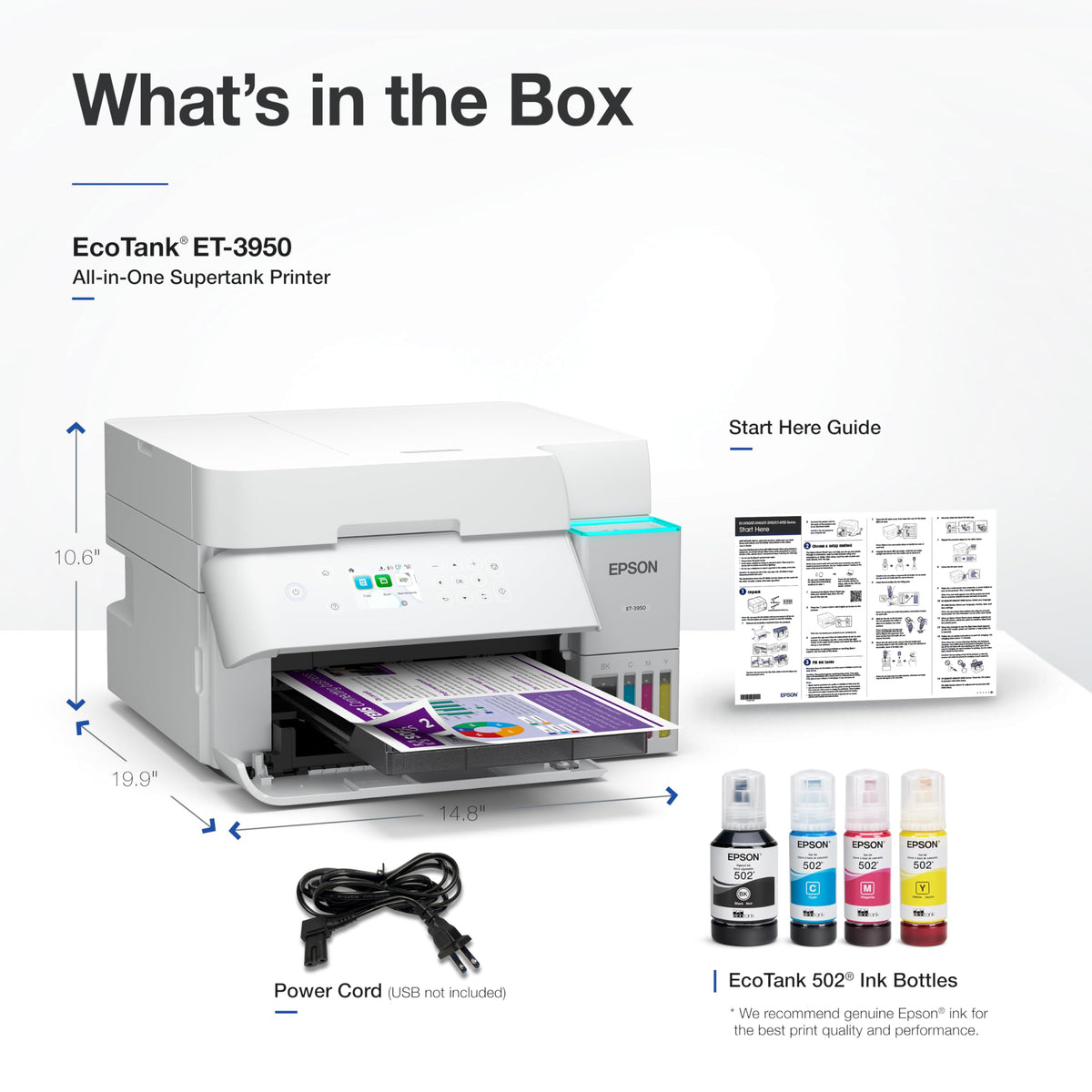 Epson EcoTank ET-3950 Wireless All-in-One Color Supertank Printer with up to 3 Years of Ink Refillable Tanks, Perfect for Home Office, 18 PPM, 2.4" Colorful Touchscreen, Auto Document Feeder - White
