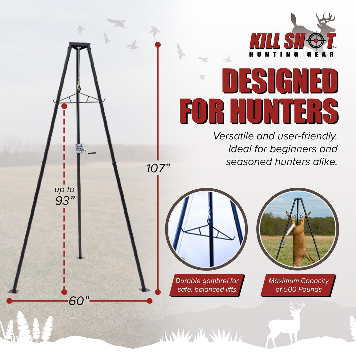 Kill Shot Hunting Tripod Game Hoist 500 lb Capacity with Gambrel & Winch for Cleaning, Skinning, Moving Game