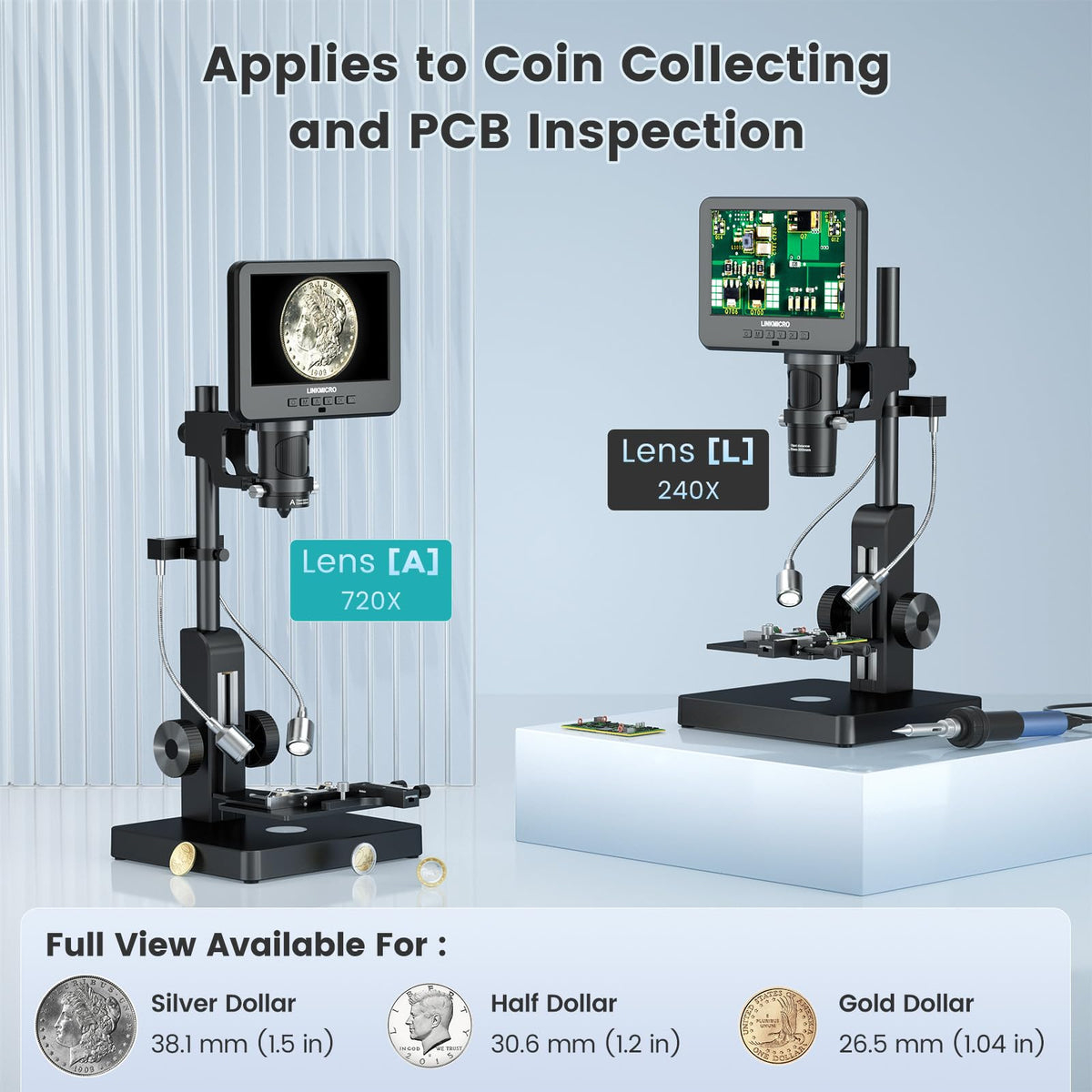 LM266S 5 Lens 7" HDMI Digital Microscope 5000X for Adults, Lab Digital Biological Microscope with Screen for Slides, Mechanical X-Y Stage, UHD 2160P Video, LCD Full View Coin Camera, PC View, 32GB
