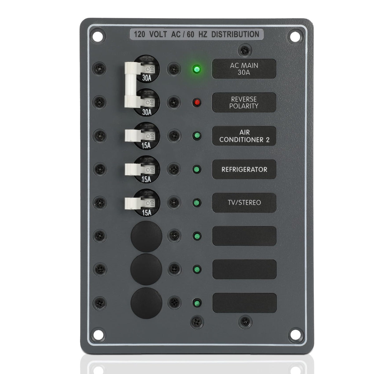 AC Main Circuit Breaker Panel 6-Position Metal Panel withand Red LED Reverse Polarity Indicator and Pre-Wiring,for Marine RV Yacht