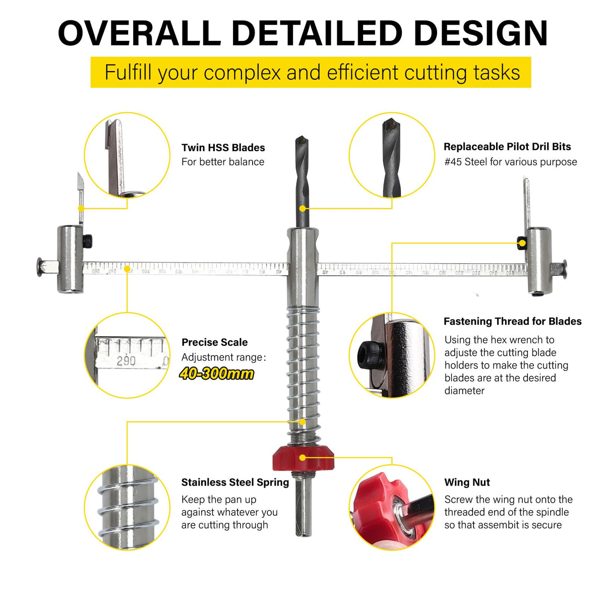 Toolly Adjustable Hole Saw Cutter Kit 1-5/8" to 11-13/16" (40-300mm) Holes Twin Blade Recessed Hole Saw with ABS Dust Shield for Making recessed Lights, Speaker Holes or Ventilation