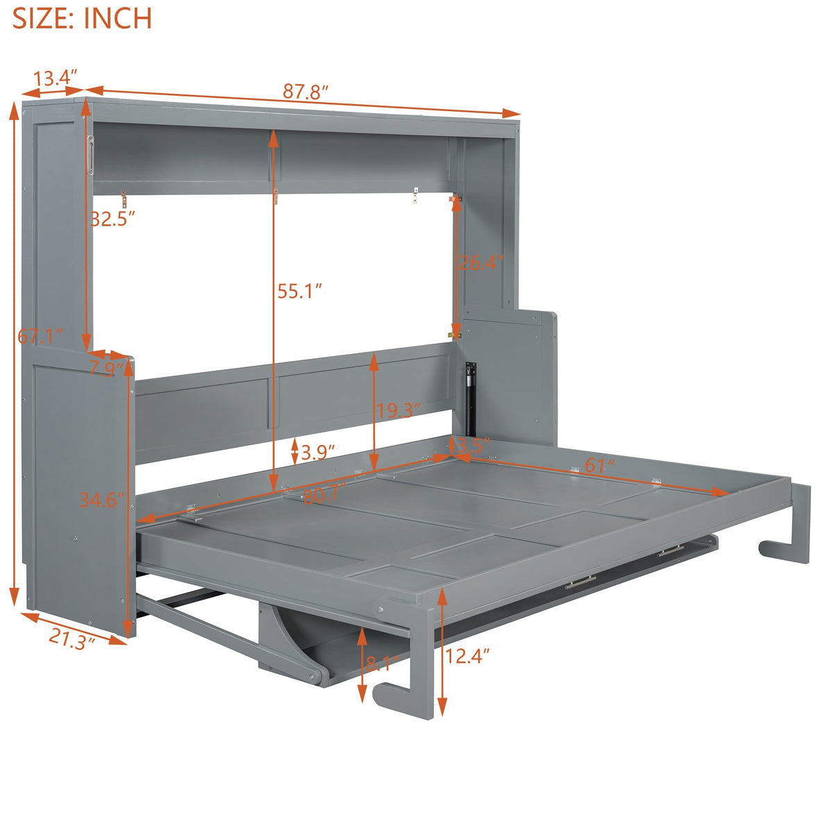 Ball & Cast Murphy Bed Queen Size Hideaway Beds with Hydraulic Lift & Desk Design,Industrial Multifunction Wood Wall Cabinets Bedframe W/Hardware Chain,Space-Saving for Apartment,Gray