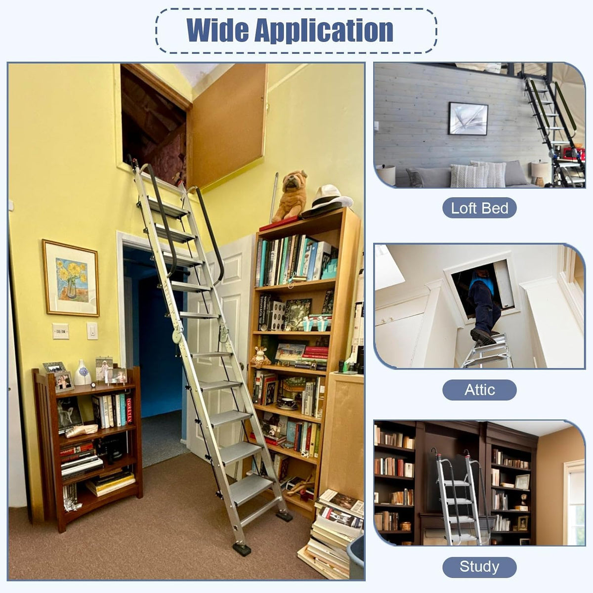 Foldable Aluminum Loft Stairs Ladder 8.5ft / 9ft / 9.5ft / 10.5ft / 11.5ft, Heavy Duty Bunk Bed ladders with Handrails ＆ Hooks, 10 Step Attic Ladder for Small Opening, Load 330 lbs