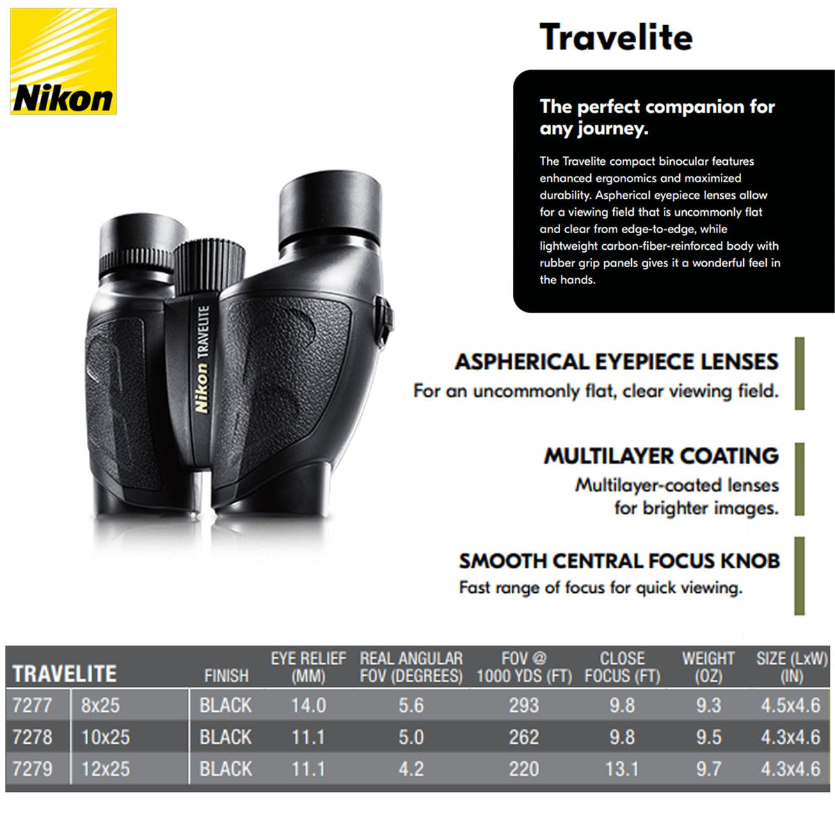 NIKON TRAVELITE EX 8x25 Binoculars | Compact Lightweight Waterproof Fogproof Outdoor Binoculars with Multilayer-Coated Optics | Ideal for Birdwatching, Hiking, Travel & Outdoor Adventures