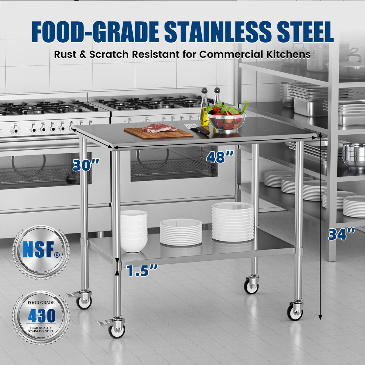 Chingoo Stainless Steel Work Table with Wheels, 30x48 Inch NSF Kitchen Prep Table with Adjustable Undershelf for Commercial Restaurant, Garage, Outdoor BBQ