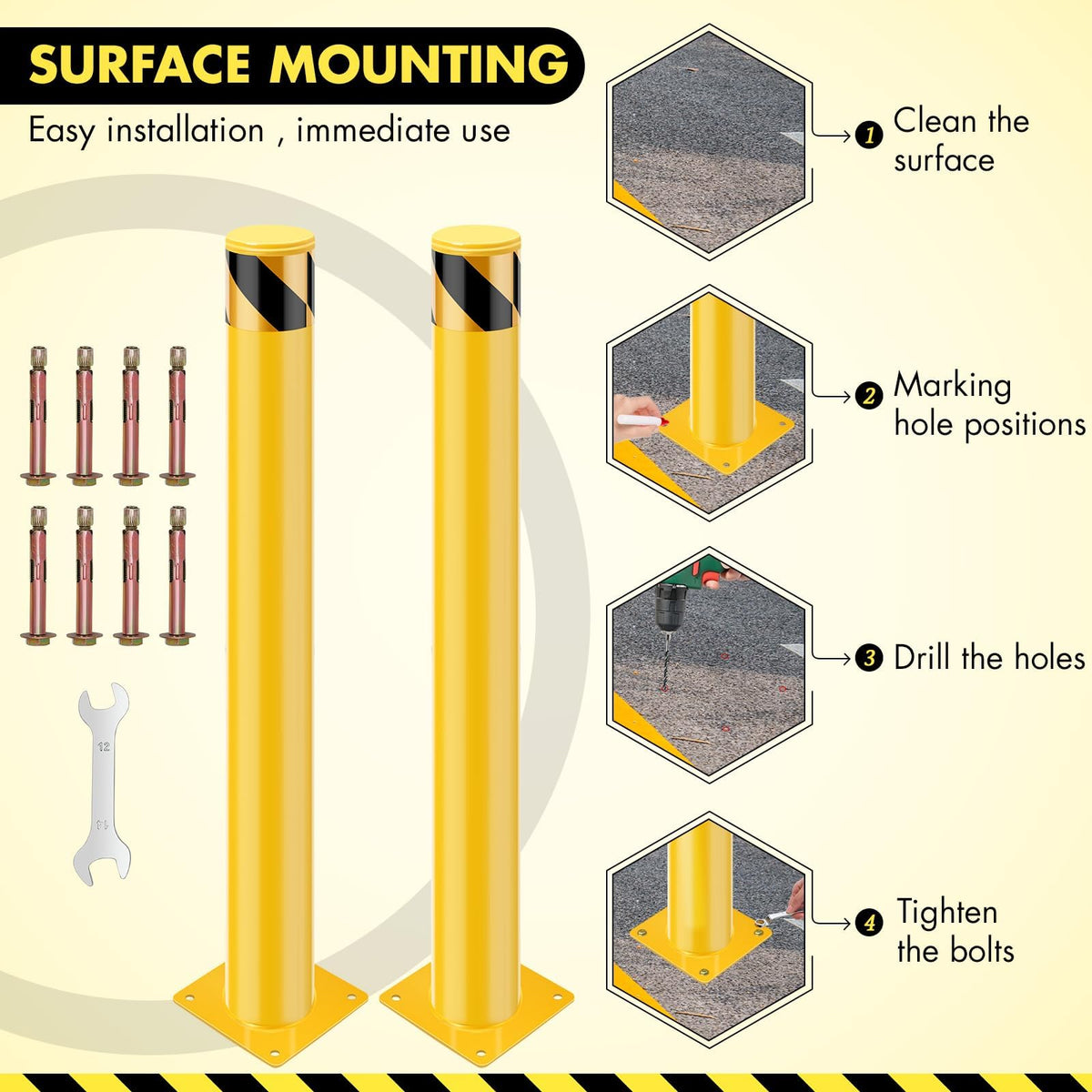 6 Pack fety Bollard, 30 x 4.5 Inch Steel Bollard Post, Yellow Parking Post, Removable Safety Barrier with Anchor Bolts, High Visibility Driveway Barrier for Construction, Traffic Control, Warehouses