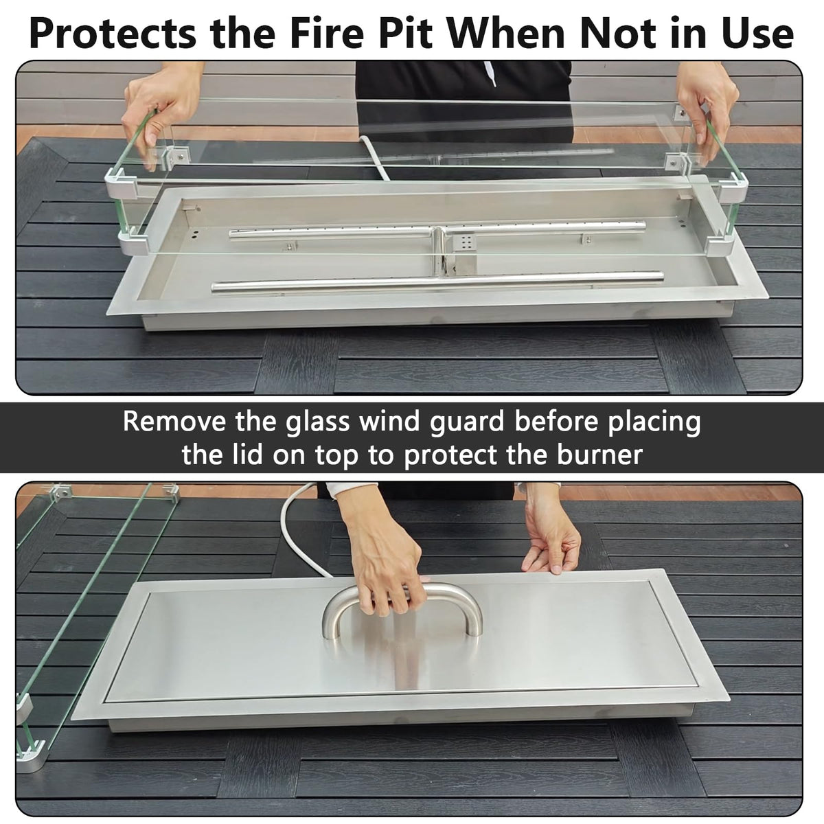 Hisencn 30 x 10 Inch Drop-in Fire Pit Kit, Premium Stainless Steel Modern Fire Trough with Tempered Glass Wind Guard, Built-in Outdoor Table Flame Feature for Patio, Backyard & Entertaining