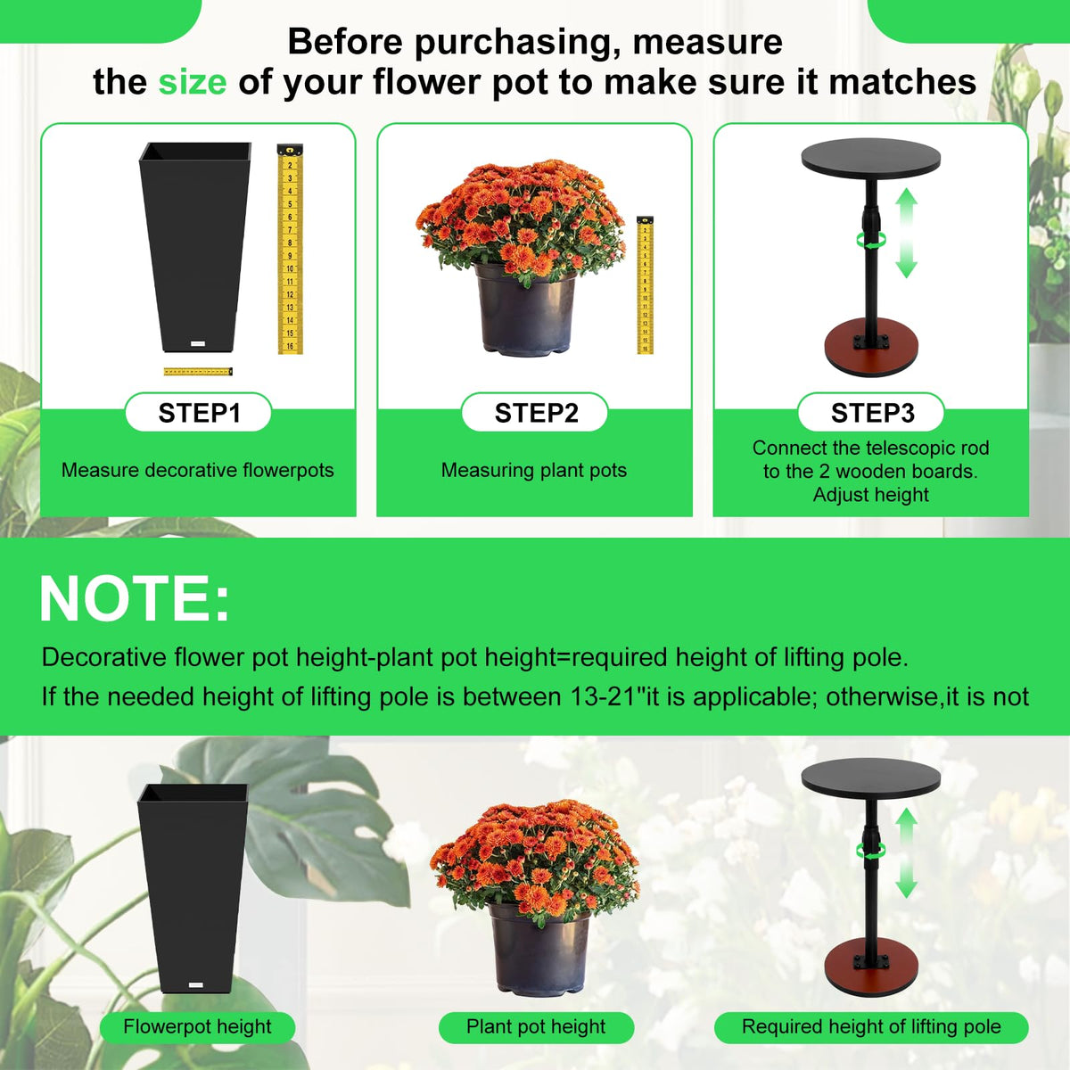 Adjustable Plant Risers for Inside Pots for Large Pots (13-21 in) Plant Risers Wooden Plant Risers for Pots Outdoor Tall Taper Flower Pot (6" 8" 10" Base or Top) for High Pots of Various Shapes(2 Pcs)
