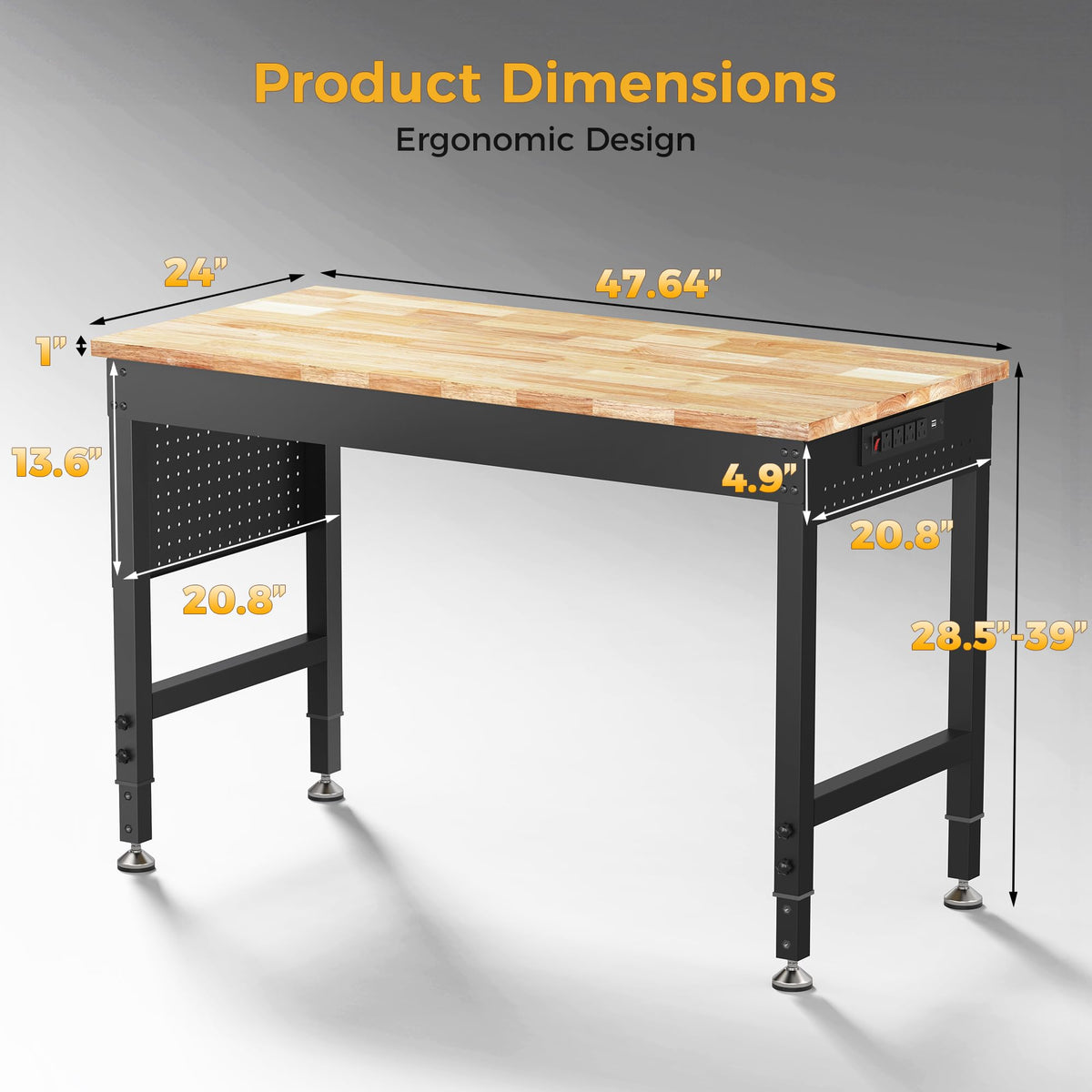 CAMMOO 47.64" Adjustable Heavy Duty Workbench, 2000 LBS Load Capacity Rubber Wood Work Table with Pegboard, Power Outlets, Work Bench for Garage, Workshop, Office, Home, Commercial