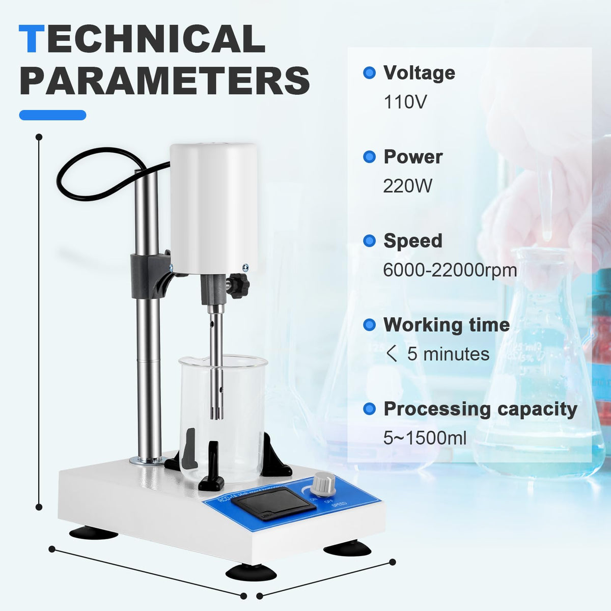 Consfly High Speed Homogenizer Lab Disperser Emulsifier 5~1500ml 110V Dispersion Mixer RCD-1A with 2 Extended Working Heads