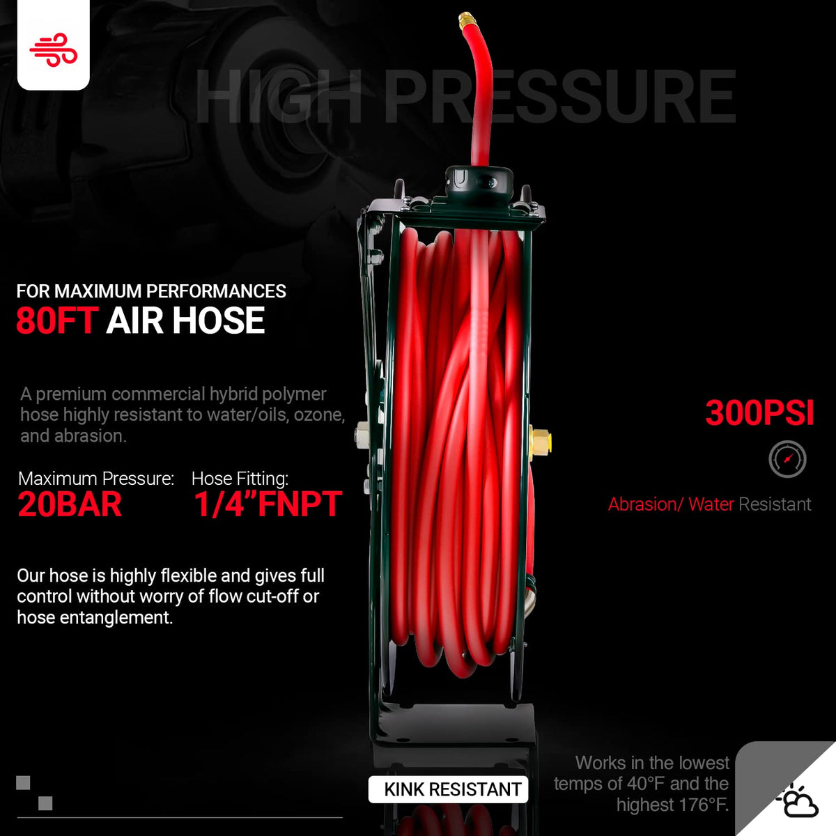ReelWorks Air Hose Reel Retractable 3/8" Inch x 80' Foot Max 300PSI Longest Ever Hybrid Polymer Hose Industrial Steel Construction