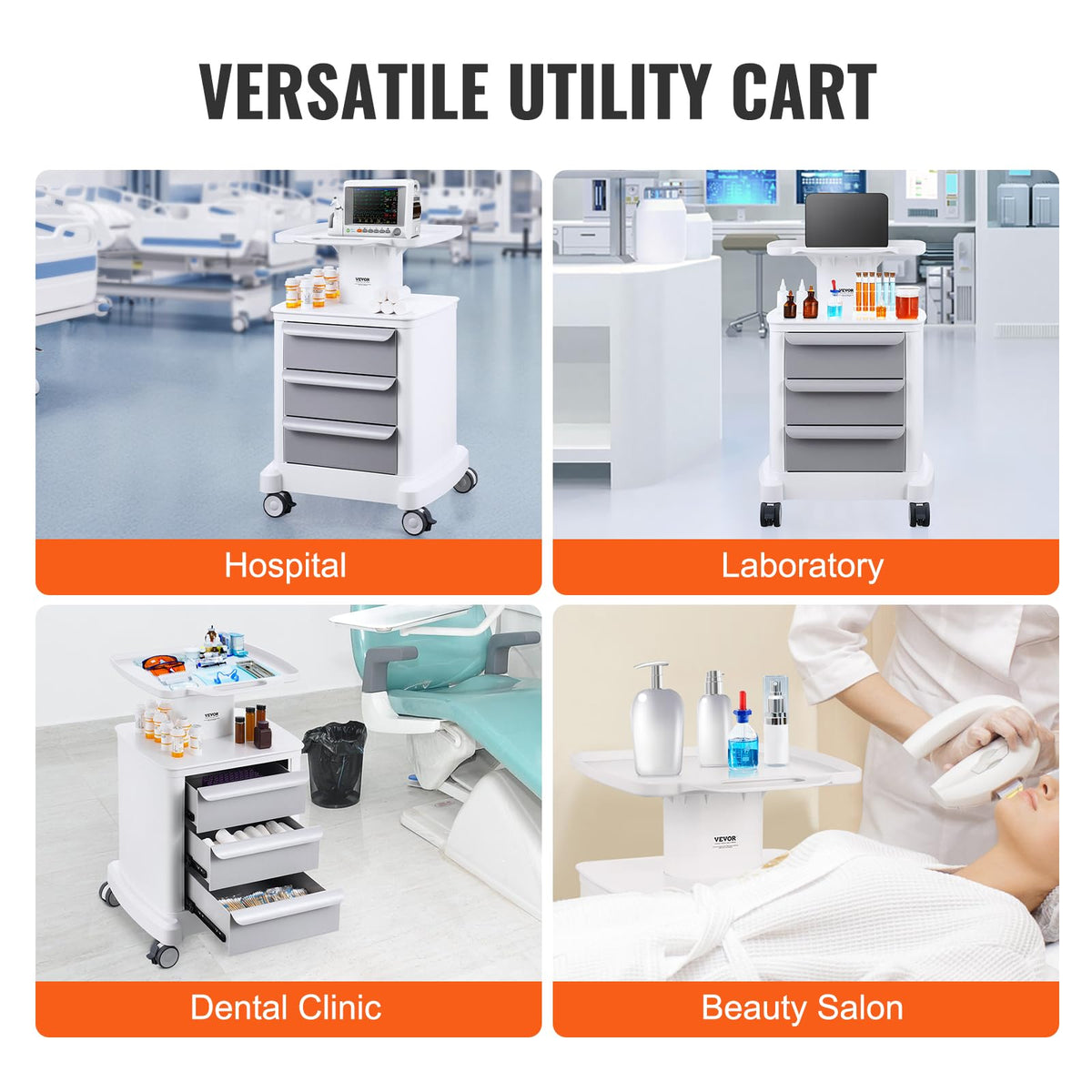 VEVOR 4 Tiers Lab Carts, Lab Utility Cart with 3 Drawers & 1 Top Tray, Mobile Medical Cart with ABS Material, Lab Rolling Cart with 4 Silent Wheels for Lab, Clinic, Hospital, Salon, White