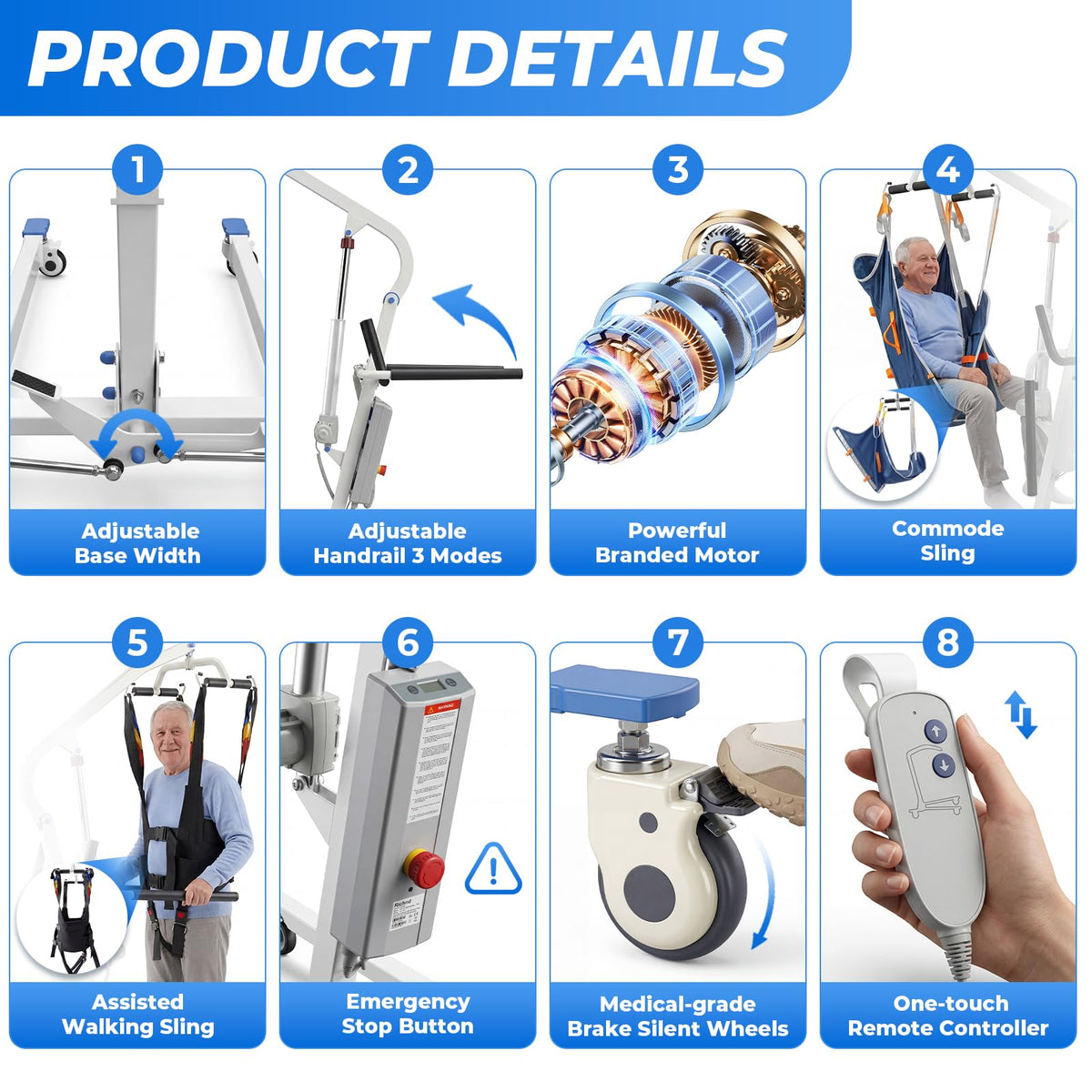 Carearise 3IN1 Electric Patient Lift - Body Transfer & Assisted Walking Mode, Battery Powered Stand Up Lift with 2 Slings, Multi Functional Mobility Aid for Elderly Disabled Home Rehabilitation