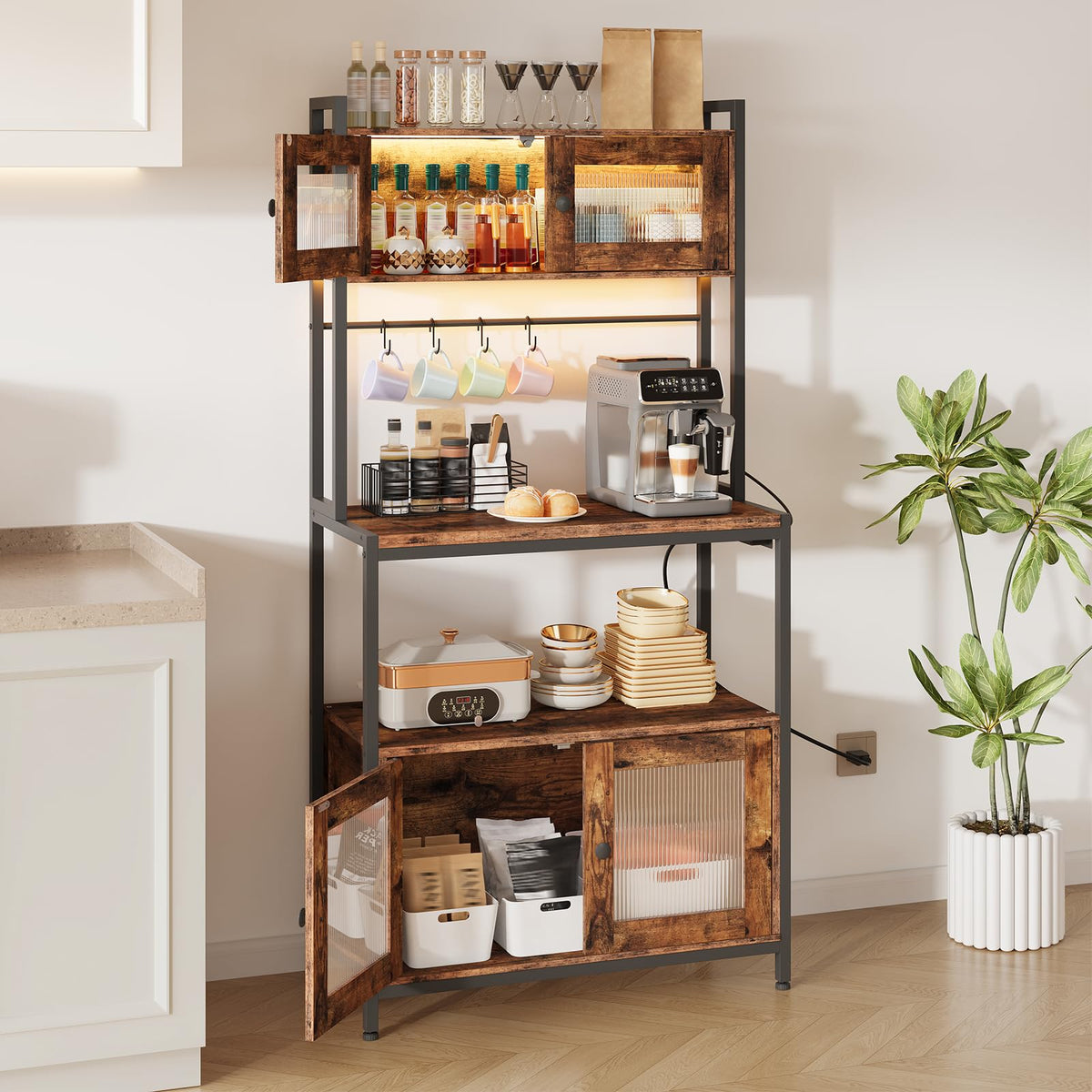 HOOBRO Bakers Rack with Storage Cabinet, 5-Tier Coffee Bar with Power Outlet and LED Lights, Industrial Microwave Oven Stand with Shelves, Kitchen Storage Shelf, Rustic Brown and Black BF13UDHB01