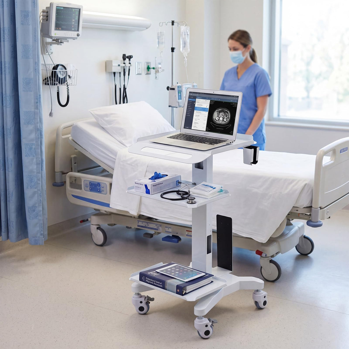 DaisyInner Adjustable Mobile Medical Cart with Wheels, Laptop Rolling Cart with Storage Basket Large Tabletop Medical Trolley Workstation for Hospital, Lab Use (3 Tier)