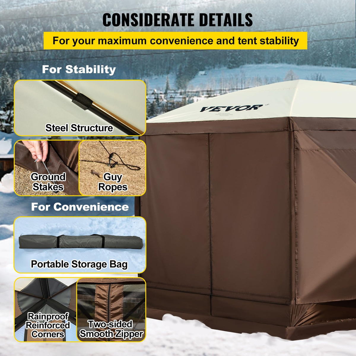 VEVOR Pop Up Gazebo Screen Tent, Pop-Up Instant Gazebo Tents with Mosquito Netting Outdoor Canopy, 6 Sided Sun Shelter 10x10ft with 6 Removable Wind Cloths & 2 Mesh Windows, Pavilion Tent for Patio