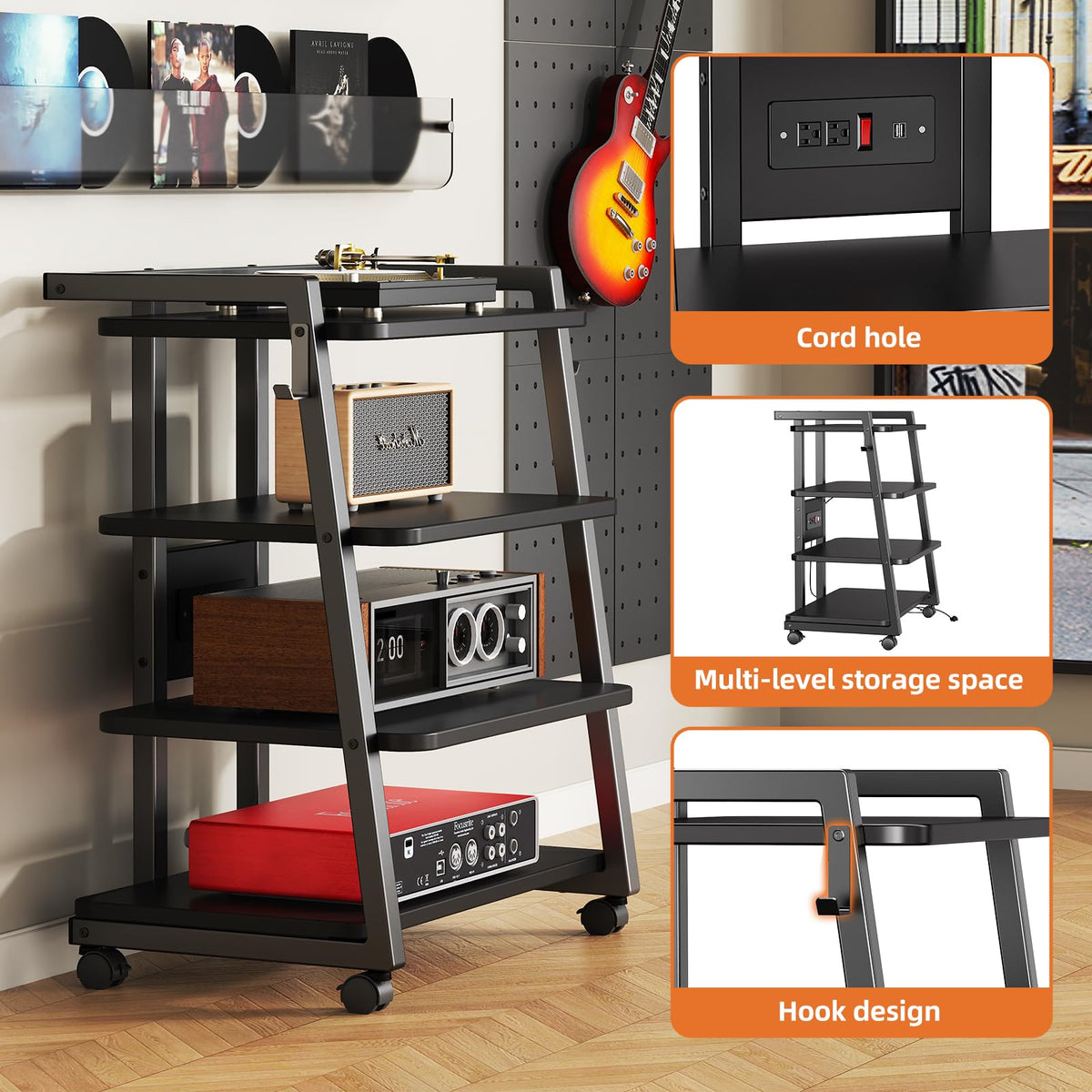 CABTE Mobile AV Media Stand with Outlets and 4 Rolling Caster Wheels, 4-Tier Rolling TV Stand for Gaming Console, Stereo, DVD Player, Sturdy Metal Frame, Versatile Living Room,Bedroom (Black)