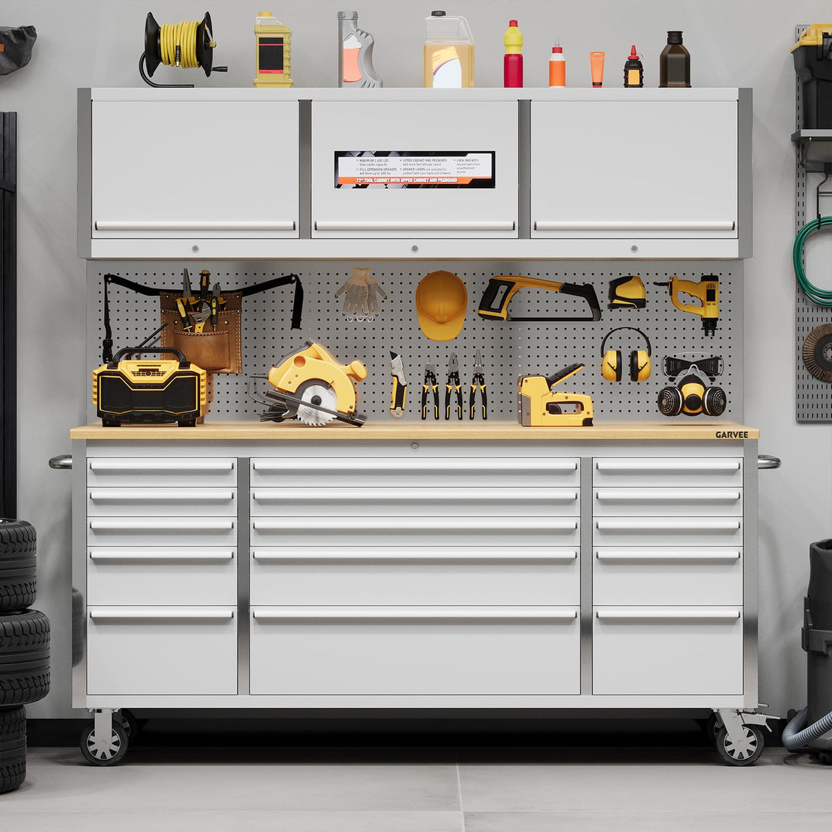 Garvee 72-Inch Heavy-Duty Rolling Tool Chest & Mobile Workbench with 9 Drawers & 3 Top Cabinet, Rubber Wood Tabletop, Key Locking System, Drawer Liners & Wheels, Steel Storage Cabinet for Garage