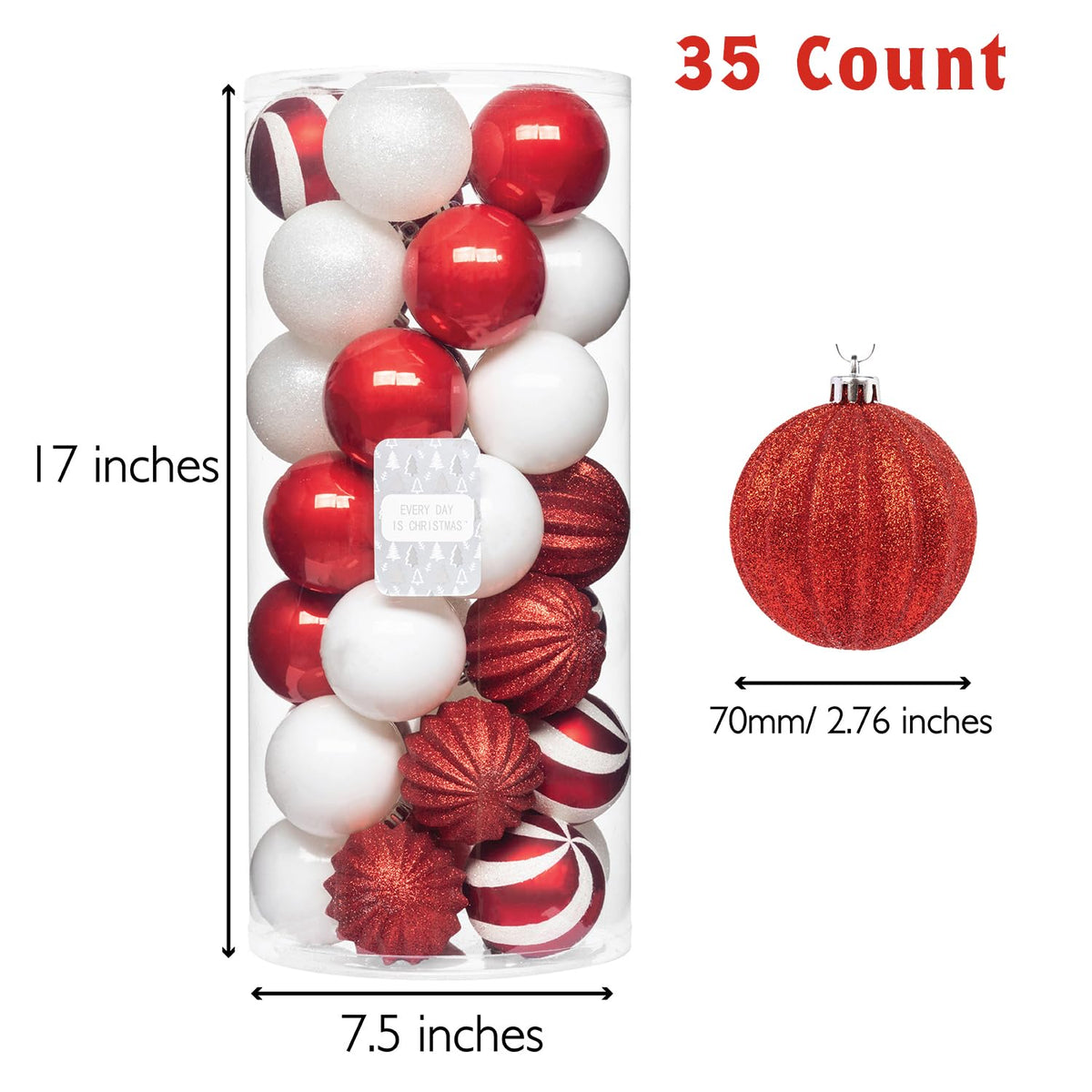 Every Day is Christmas Ornaments, Shatterproof Christmas Tree Ornament Set, Christmas Balls Decoration 35 Count (2.75"/70mm, Red White)