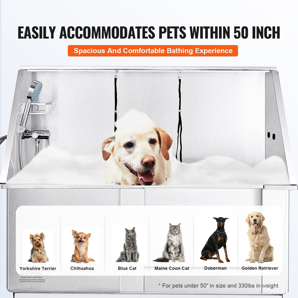 VEVOR 50" Pet Dog Bathing Station Electric Height Adjustment, Professional Stainless Steel Dog Grooming Tub w/Soap Box, Faucet,Rich Accessory,Bathtub for Multiple Pets, Washing Sink for Home(Right)