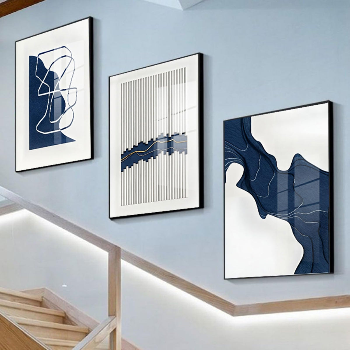 ARTFEB Navy Blue Wall Art, Abstract Blue and White Painting Wall Art for Living Room Decor,Black Framed Wall Decor for Bedroom Bathroom Home Office, 24x32 inch,3 Piece
