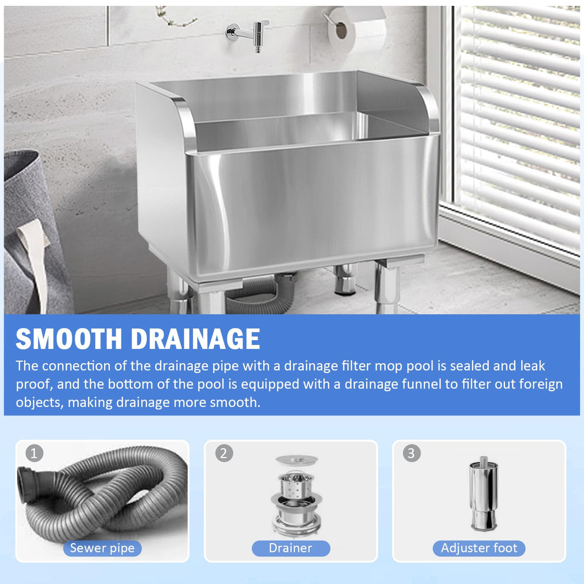Commercial Floor Mop Sink，Stainless Steel Mop Service Basin，Mop Cleaning Sink，Vertical industrial sewage tank for balconies, laundry rooms, industries, etc（23.6”×16.1”×21.6”)