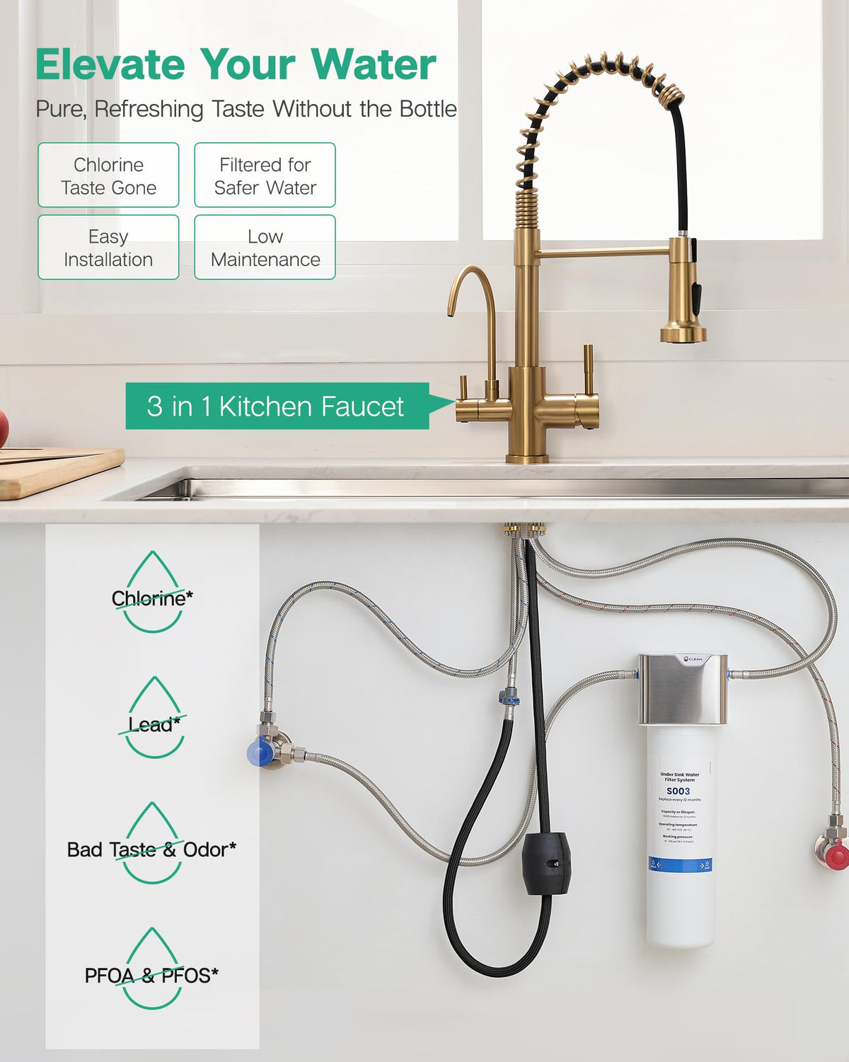 GIMILI 3 in 1 Kitchen Faucet with Pull Down Sprayer Brushed Gold Two Handle Kitchen Sink Faucet with Under Sink Water Filter System Reduces PFAS, PFOA/PFOS, Lead, Chlorine, Bad Taste & Odor