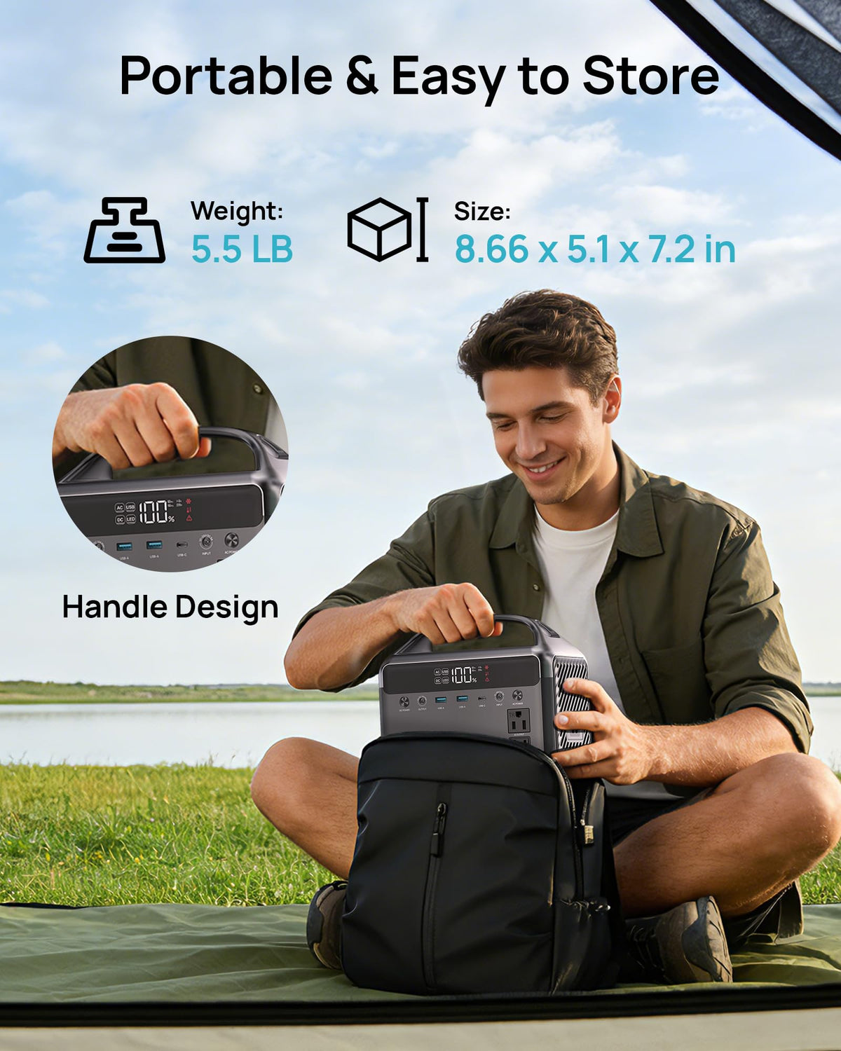 Portable Power Station 300W, 192Wh LiFePO4 Battery Solar Generator with Carry Bag & 2 AC Outlets 110V/ 600W Surge, Power Bank Fast Charging AC DC USB Ports for Laptop, Camping, Home Ues, Emergency