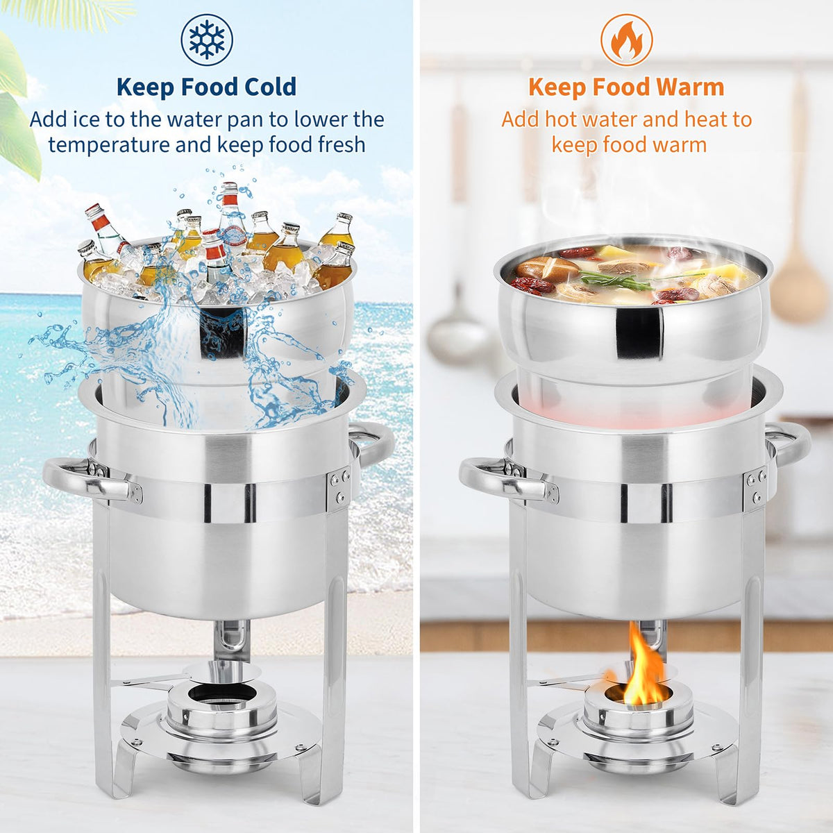 Commercial 11QT Soup Chafer Set, 2 Pack Stainless Steel Round Food Warmers Set with Pot, Notched Lids & Fuel Containers, Soup Warmers Ideal for Buffet Service & Event Catering
