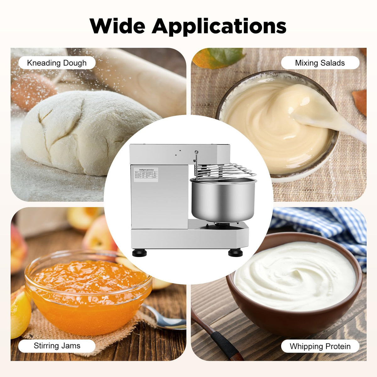 CUBELLIN 10L/2.6 Gal Commercial Spiral Mixer 750W Electric Dough Mixer Speed Adjustable Stainless Steel Dough Kneading Machine for Dough, Salad, Cream