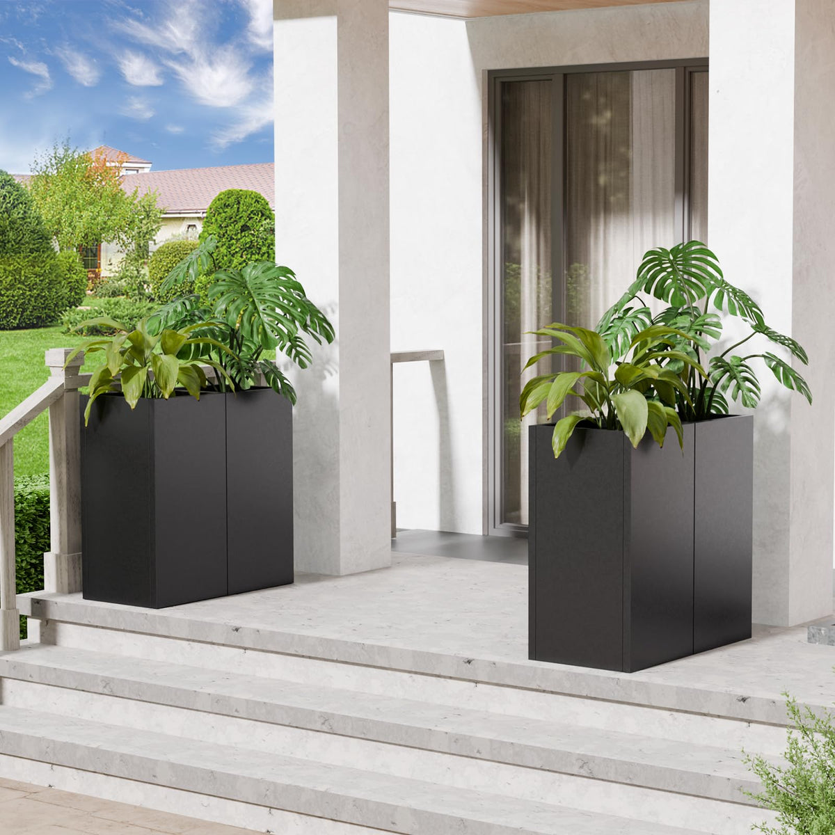 Diyfire Tall Metal Planters Box for Outdoor Plants 2 Pack- 23.6" Modern Steel Tall Square Planter with Removable Insert Shelf, Heavy Duty Pedestal Planter Front Porch Decor Patio Garden, Black