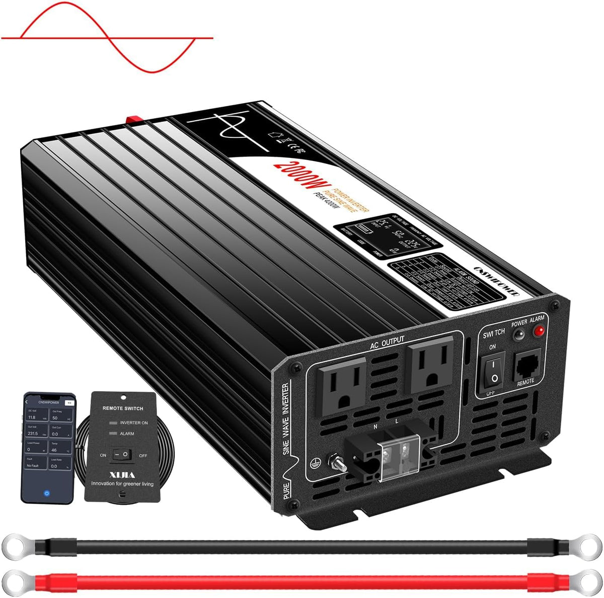 Xijia 2000W Pure Sine Wave Inverter，24V to 120V AC Converter for Home，Solar Systems，Remote and Bluetooth Control for Truck，Camping，with 2 20A AC Socket，Surge Power 4000W