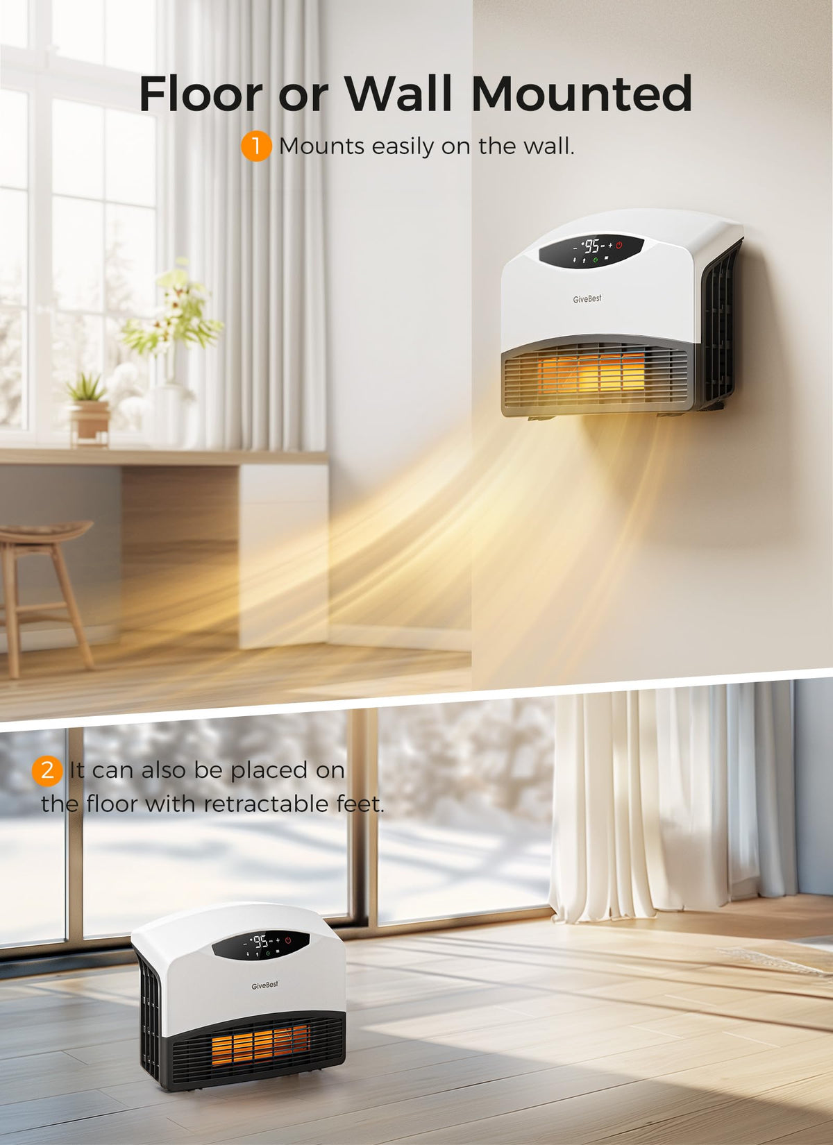 GiveBest Electric Wall Heater with WiFi and Remote Control, Floor or Wall Mounted Heater, Large Room Coverage, 3 Heating Modes, 1500W Fast Heating Space with Thermostat for Indoor Room Use, White