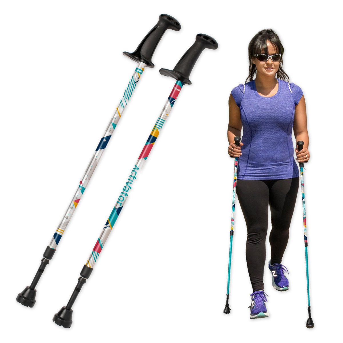 Urban Poling ACTIVATOR® MODA with Snow & Trekking Baskets, Silver with Blue, Green, & Yellow, 1 Pair – For Users 4'2"–6' – Lightweight, Aluminum Nordic Walking Sticks – Collapsible & Adjustable Hiking