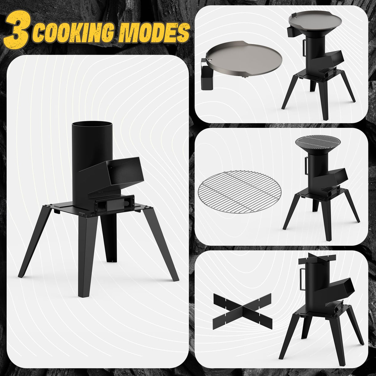ONLYFIRE GRILLS 3-in-1 Camp Rocket Stove Kit with BBQ Grate, Griddle, Pot Rack, Portable Wood Burning Stove with Detachable Stand, Camping Gear for Outdoor Cooking Patio Barbecue RV Tailgating, GS345