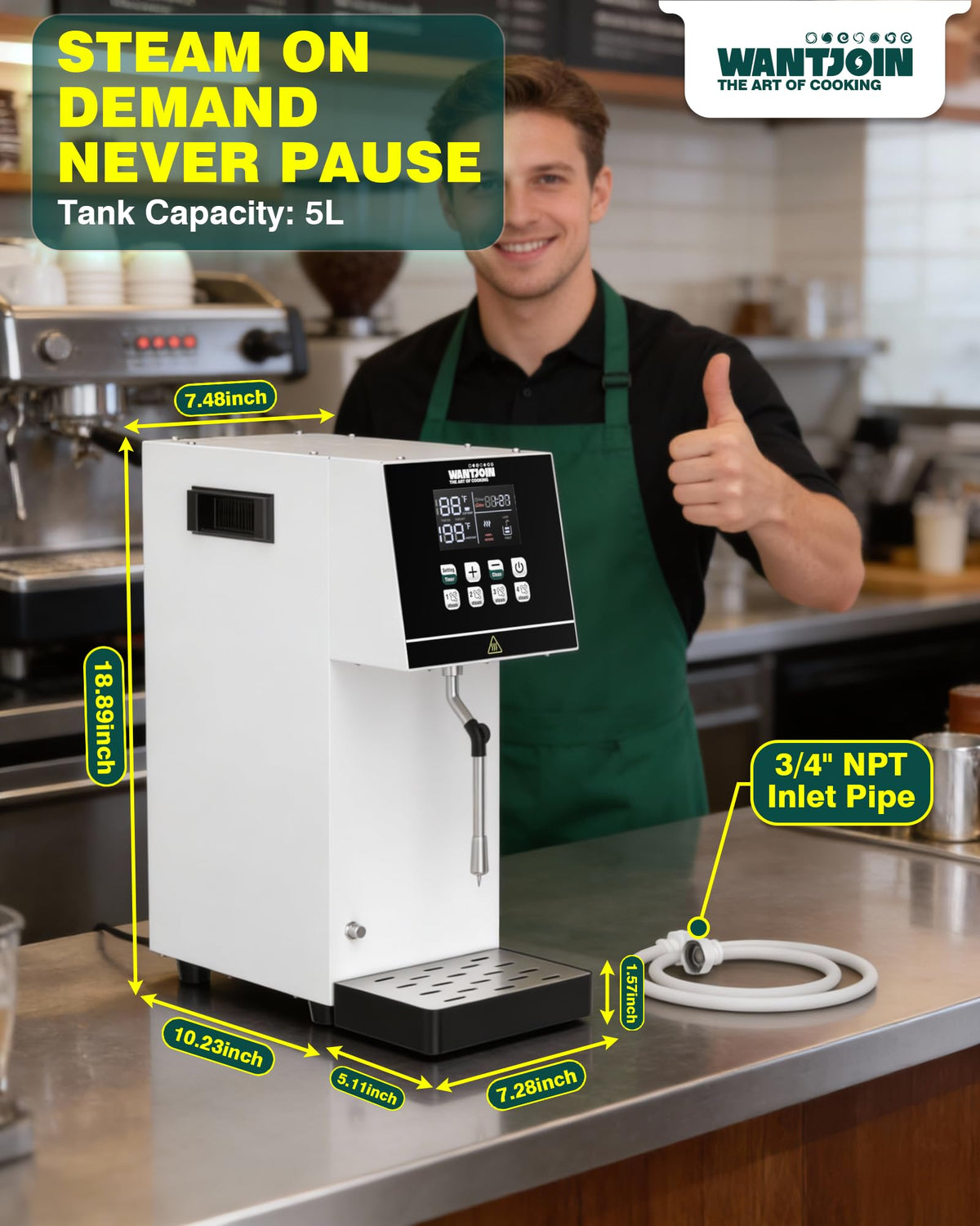 WantJoin Commercial Milk Frother - 2000W Milk Steamer for Latte Cappuccino Coffee, Beverage Heater with Hot Water Dispenser & LED Display, Hotel Use (White)
