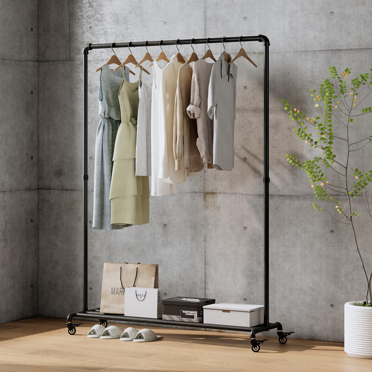BUZUEY Industrial Pipe Clothing Rack with Wheels,Rolling Garment Rack with Bottom Shelf, Sturdy Metal Clothes Rack for Hanging Clothes Heavy Duty,Black Mobile Wardrobe Rack for Bedroom & Boutique