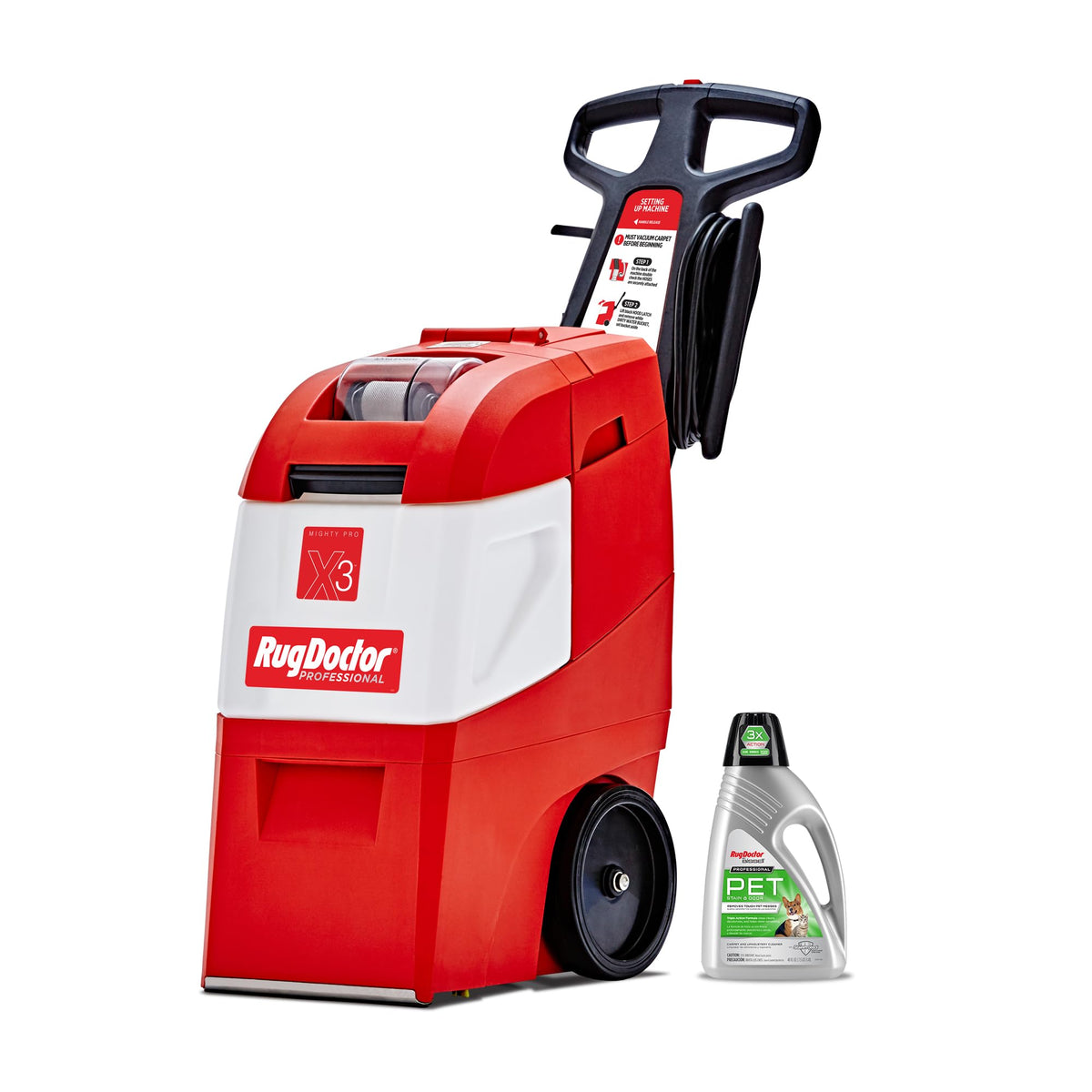 Rug Doctor Mighty Pro X3 Commercial Carpet Cleaner – Large Red Pet Pack, Includes 48 oz. Pet Carpet Cleaner Solution, Commercial Carpet Cleaning Machine, Powerful One Pass Cleaning System
