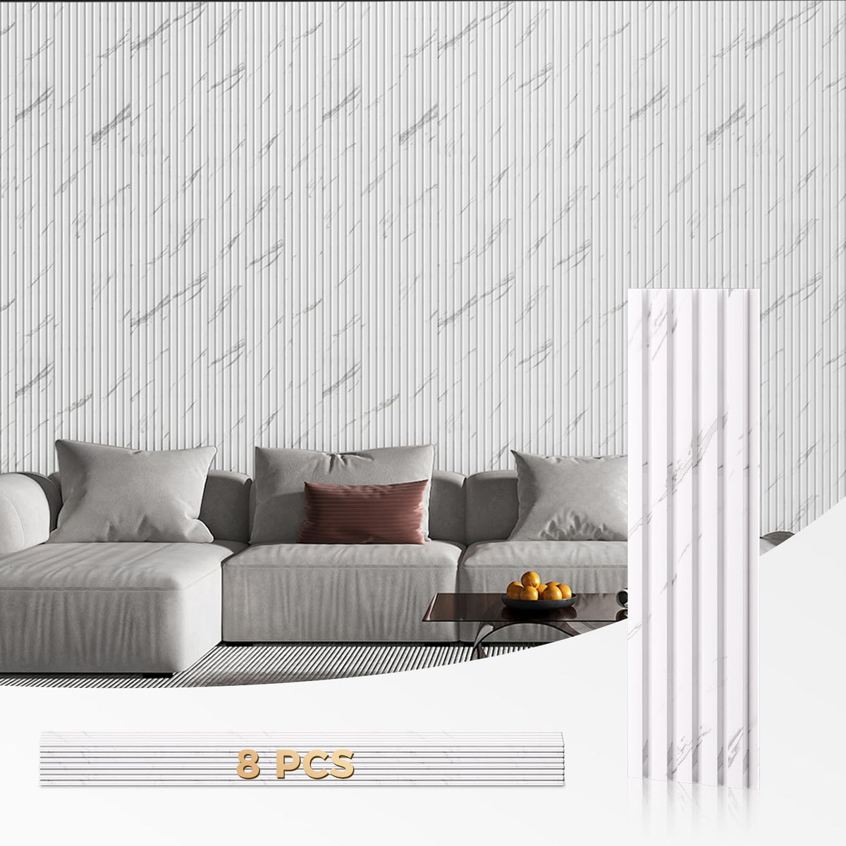 OUZUGIE WPC Acoustic Slat Wall Paneling, 8-Pack 114 x 6 Inches 3D Wall Panels for Interior Wall Decor,Living Room,TV Background,Study Room,Office Spaces,Bedroom,Low Grille (White)