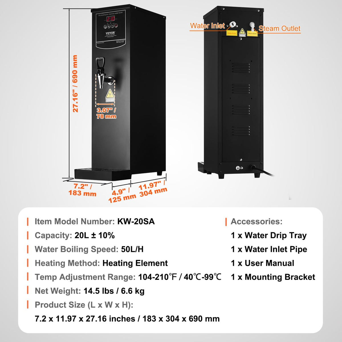 VEVOR Commercial Water Boiler, 20L Electric Hot Water Dispenser with 316 Stainless Steel Heating Tube, 1500W Step-by-step Fast Heating 50L/H Hot Water Boiler, for Coffee Tea Restaurant Office