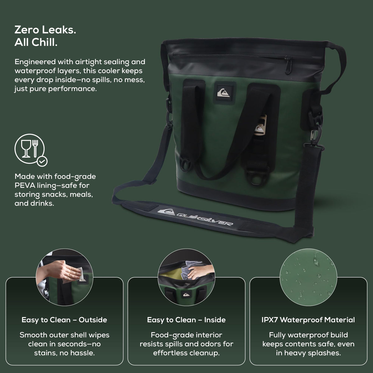 Quiksilver Tote Bag Soft Cooler 20L, Holds 24 Cans, 48 Hour Insulation, Leakproof & Waterproof Design, Heavy Duty TPU, IPX7, Multiple Padded Straps, Bottle Opener (Trekking Green)