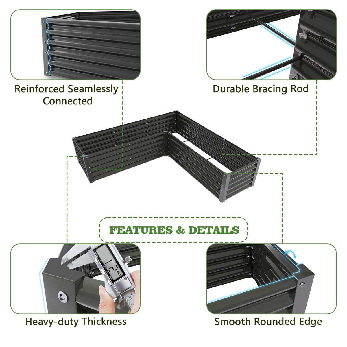 A ANLEOLIFE 2 Set L-Shaped Galvanized Raised Garden Beds Outdoor,74x74x18in Large Metal Planter Box for Planting Vegetables Flowers Herb, Anti-Rust & Easy-Setup, Quartz Grey