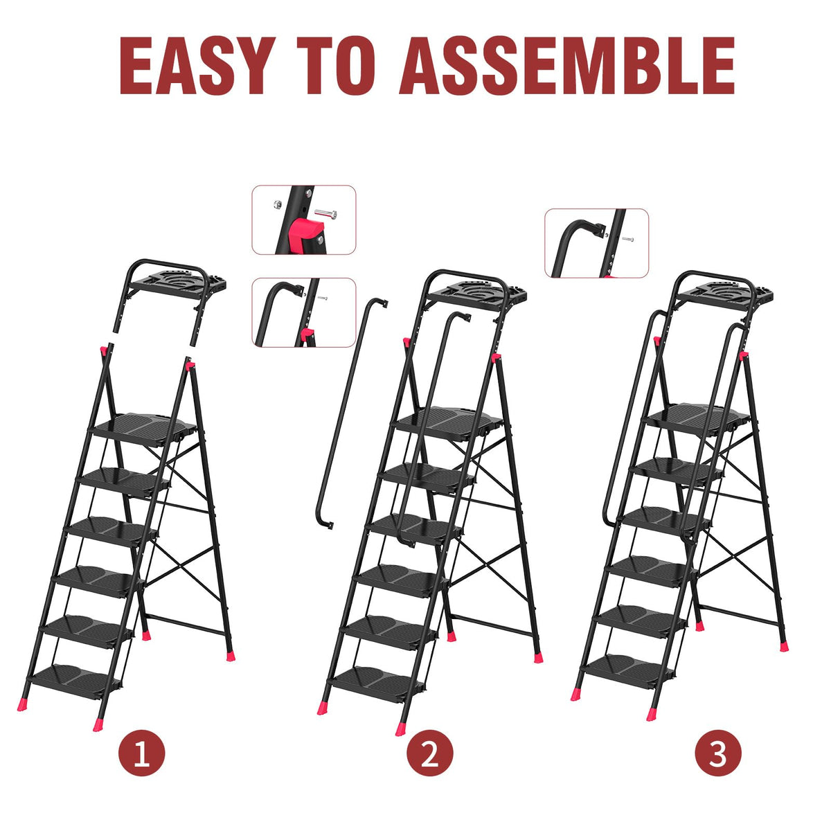 6 Step Foldable Step Ladder with Roomy Tool Tray & Secure Handrail, Wide Pedals Platform Stool 800lbs Capacity for Adults Home Kitchen