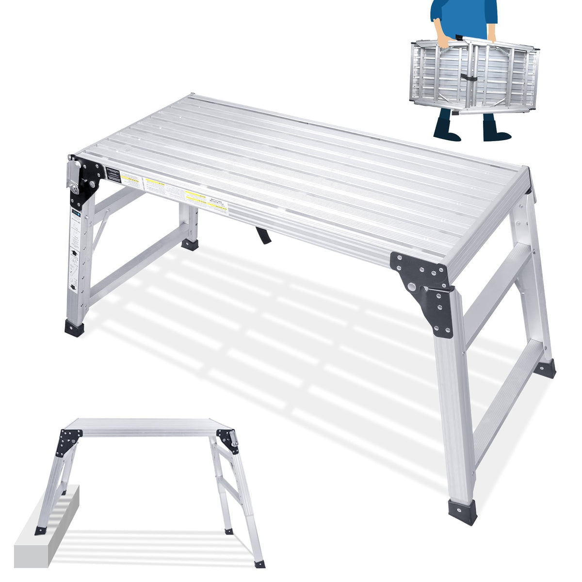 ORIENTOOLS Adjustable Work Platform, (39.4" X 18.5") Portable Folding Aluminum Step Ladder, Scaffolding Platform of Capacity 330 LBS Heavy Duty, 7 Gear Adjustable Height 24 to 35 inches