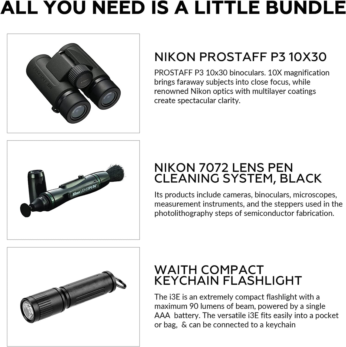 Nikon PROSTAFF P3 10x30 Waterproof Binocular for Adults | Small & Compact Travel Binoculars for Bird Watching | Lens Pen Cleaning System, & Flashlight Bundle Set